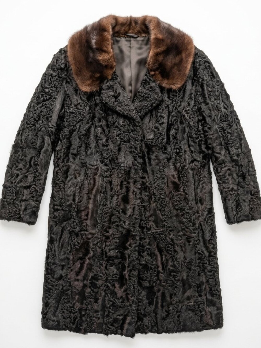 Vintage 100% Genuine Persian Lamb Fur Coat Mink Collar - Size M Petite